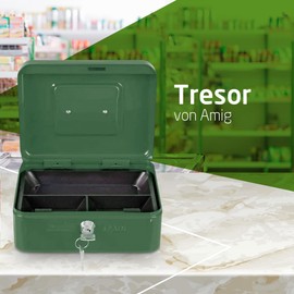 Amig - Safe | Cash Box | Safe for Money, Notes and Coins | With Coin Compartment and 2 Keys | Steel | Colour: Green | 150 x 110 x 70 mm