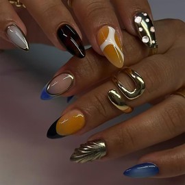 30Pcs French Tip Press on Nails Short Almond Fake Nails Fall Winter False Nails 3D Gold Chrome Designs Glossy Acrylic Nails Press on Almond Full Cover Stick on Nails for Women DIY Manicure
