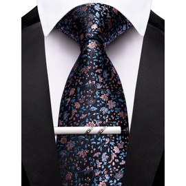 Barry.Wang Black Blue Ties for Men Floral Tie Necktie and Tie Clip Wedding Business Flower Formal