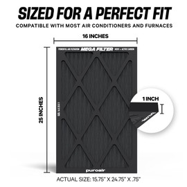 PuroAir Mega Filter - MERV 13 16x25x1 Air Filters For Home With Activated Carbon - Filters Allergens, Pet Dander, Smoke, Dust - Furnace and AC Filters - Air Filters 16x25x1 MERV 13 (4 Pack)