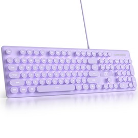 Fogruaden Wired Retro Typewriter Keyboard, Quiet Full Size Membrane Keyboard Light Up, Purple Cute Computer Keyboards, 104 Round Keys, White LED Backlit, Slim, Silent for Windows PC, Laptop