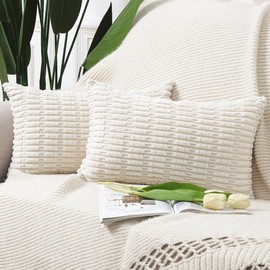 MADIZZ Pack of 2 Boho Striped Corduroy Throw Pillow Covers 12x20 Inch Beige Soft Decorative Cushion Cover for Sofa Bedroom Pillow Shell