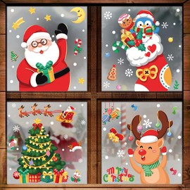 317pcs Christmas Window Stickers Reusable Christmas Snowflake Penguin Clings Stickers Christmas Tree Santa Claus Reindeer Window Decals Double Sided Christmas Window Decorations