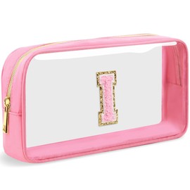 LOFOWN - Bolsa de maquillaje transparente con inicial, pequeña bolsa de cosméticos de viaje, bolsa de aseo transparente con cierre, bolsa organizadora para mujer, Rosa-M, I, Bolsa de maquillaje