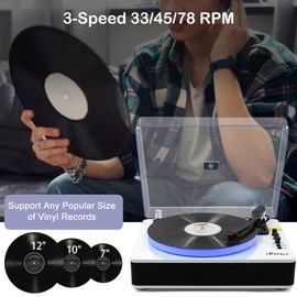 LP&No.1 Record Player with Built-in Stereo Speakers, LED Control, 3-Speed Belt-Drive Vinyl Turntable with USB Playback & Recording, Wireless BT Input & Output, Auto Stop, Pitch Control | White Pearl