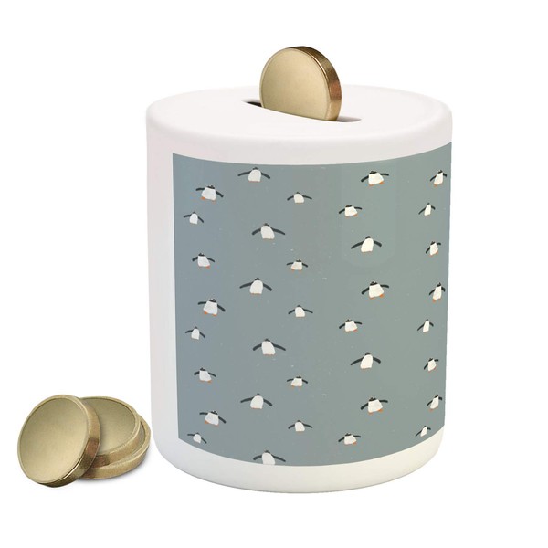 Ambesonne Penguin Piggy Bank, Minimal Pattern of Arctic Fauna Birds, Ceramic Coin Bank Money Box for Cash Saving, 3.6" X 3.2", Pale Vermilion Blue Grey Charcoal Grey and White