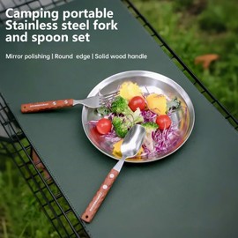 Campingmoon Camping Stainless Steel Spork Spoon Set with Solid Wood Handle Travel Cutlery Camping Utensil Fork for Hiking Backpacking