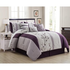 Chezmoi Collection Linnea 7-Piece Luxury Purple Lavender Gray Cherry Blossom Floral Embroidery Comforter Set, California King