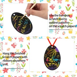 DERAYEE Easter Scratch Pictures, Pack of 30 Scratch Pictures, Scratch Painting with 30 Coloured Ribbons, Scratz Paiting with 6 Wooden Pens, Graffiti Creative Gift for Children and Adults