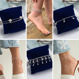 Dochais Pack of 7-24 Shiny Silver Anklets with Rhinestones Waterproof Boho Adjustable Summer Anklet Women's Anklet Vintage Beads Anklet, 21 cm, Metal