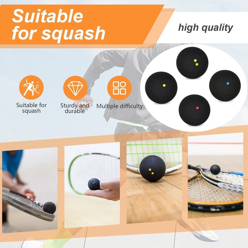 Liyquint 4 Pcs Squash Balls，Squash Balls Double Yellow Dot, Single