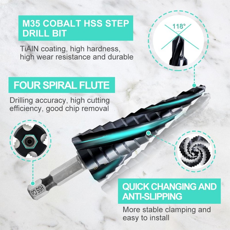 LEKOMESH Cobalt Step Drill Bit - 4-22mm Four Spiral Flute