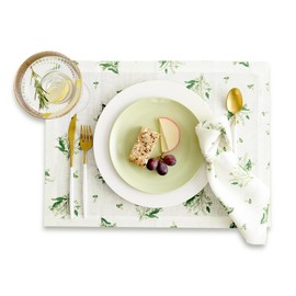 Solino Home Lily Floral Print Cloth Napkins Set of 4-100% Pure Linen Dinner Napkins 20 x 20 Inch for Summer - Machine Washable - Lily of The Valley/Off White Print