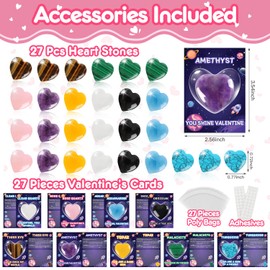 REPABLENT Valentines Day Gifts for Kids, 27 Pack Valentines Day Cards with Heart Stones Valentine School Classroom Exchange Party Favors Natural Gemstone Crystals Rocks Goodie Bags Bulk for Girls Boys