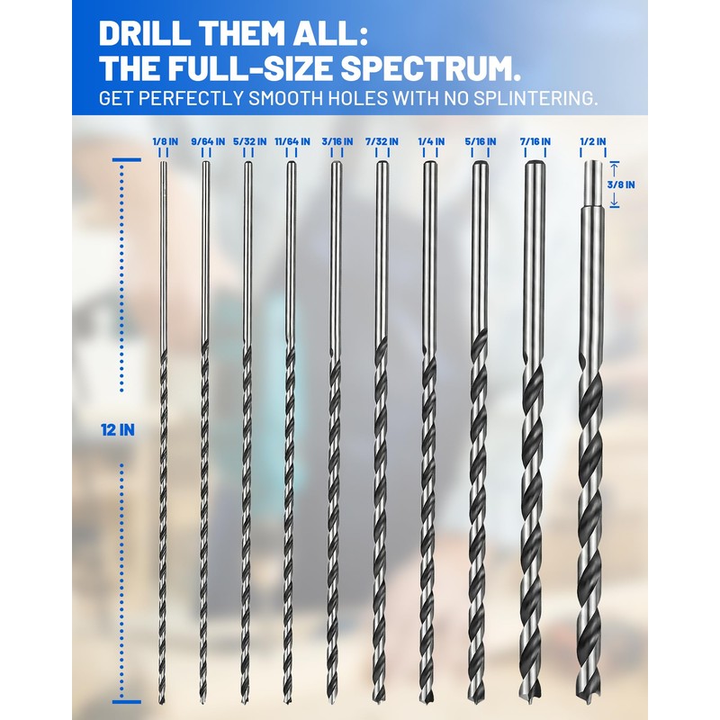 12” Extra Long Drill Bit Set, 10PCS Brad Point Drill