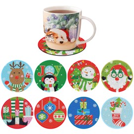 8 Pcs Diamond Painting Coasters with Holder, 5D DIY Christmas Coasters Diamond Painting Kits Round Diamond Art Cup Drink Coasters with Christmas Pattern Art Craft Supplies for Christmas
