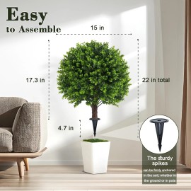 Chillchard 22" Artificial Boxwood Topiary Outdoor Plants with Spike, 2 Pack Faux Bushes