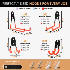 HANDYPRIME Garage Hooks 13 Pack Wall Mounted Grage Hooks Heavy Duty with Extension Cord Straps for Organizing Tools, Bikes, Ladders, and Ropes (Orange)