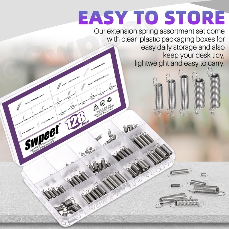 Swpeet 128Pcs 16 Sizes Stainless Steel Extension and Compression Springs