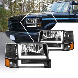[6Pcs] L-Shape LED DRL Headlights Bumper Lamps Compatible with 92-96 Ford F150-F350,Chrome Housing/Clear Lens