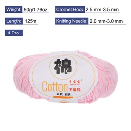 Rebower Cotton Yarn,100% Cotton Soft Knitting Yarn [for Hand DIY Bag Cushion Crocheting Knitting Project Home Decor] -4 Packages of 200g/7.05oz(Per Skein 50g/137yards)/Pink