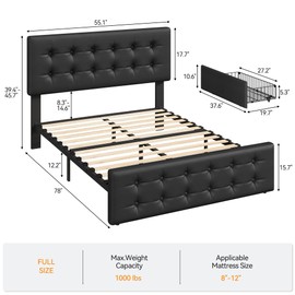 GAOMON Full Size Bed Frame with 4 Drawers and Adjustable Headboard, PU Leather Upholstered Platform Bed with Button Tufted Design, No Box Spring Needed, Strong Wooden Slats, Black