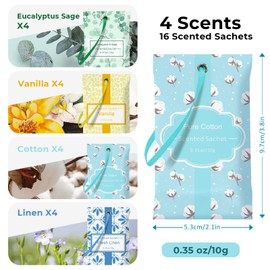 DERDUFT Scented Sachets for Wardrobe & Drawer Use - 16 Pack Hanging Fragrance Aroma Bags in 4 Scents, Eucalyptus Sage, Vanilla, Cotton, Linen, Long-Lasting Natural Scent for Closet, Cupboard, Home