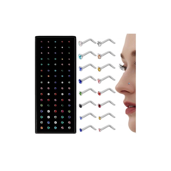 Chriscoco 80-160Pcs 20G Nose Studs Straight/L Shaped Surgical Steel Small