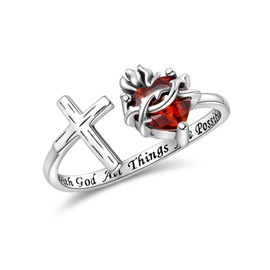 Sacred Heart of Jesus Ring 925 Sterling Silver Cross Rings God's Love Jewelry Amulet Gifts for Women, Silver, Cubic Zirconia