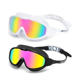 Freela 2 Pack Swimming Goggles for Adult Men Women Youth, 180°Wide View Anti Fog UV Protection Soft Silicone Waterproof No Leak Clear Swim Goggles,Underwater Beach Open Water Pool Goggles Pink White