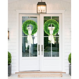 Petalyn 19 inch Artificial Boxwood Wreath for Front Door, Greenery Spring Summer Wreath for All Seasons with Sash，St Patrick's Day Decoration, Farmhouse, Garden, Wedding, Indoor & Outdoor