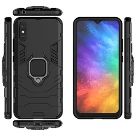 for Xiaomi Redmi 9A Case with Tempered Glass Screen Protector,Hybrid Heavy Duty Shockproof Armor Dual Layer Protection Defender Back Case Cover for Xiaomi Redmi 9A with Car mountand Kickstand (Black)