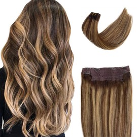 Wire Hair Extensions, Clip in Extensions Human Hair, Wire Hair Extensions Real Hair,20Inch 100g Ombre Balayage Chocolate Brown to Caramel Blonde Straight Hairpiece Invisible Wire Fish Line Hair Extensions Straight 100% Human Hair Flip in Hair Extensions