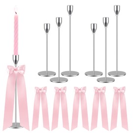 Nyvralora Silver Candle Holders Set of 6 for 3/4" Taper Candles with Pink Bows Decor, Tall Candlestick Holder Home Decorative Table Centerpieces for Wedding, Dinning, Party