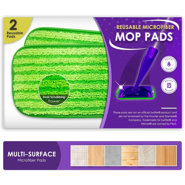 Turbo Mops Reusable Floor Mop Pads - Pack of 2, Machine Washable, 12-inch Microfiber Mop Refills - Compatible with Swiffer Wet Jet - Household Cleaning Tools﻿