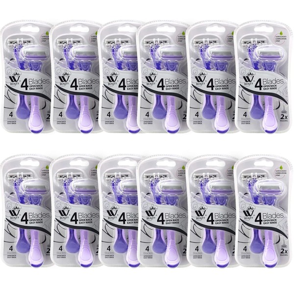 Natural Solution Razors for Women, For Smoother Body Shave, Infused with Vitamin E & Aloe, Bikini Trimmer, 12 Pack (24 Pieces), Pink/Purple