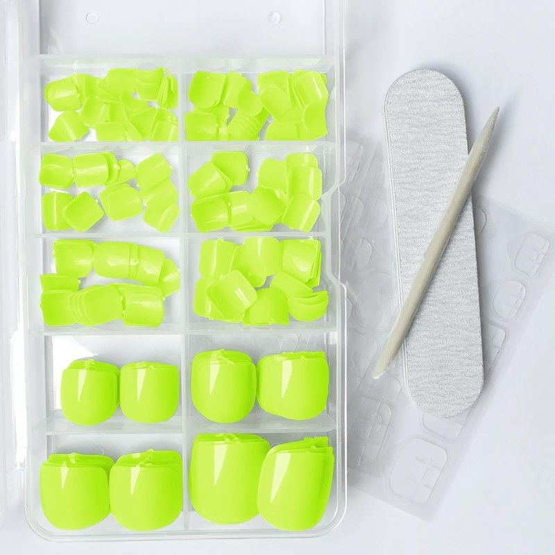 LuckForever Short Press on Toenails 240pc Glossy Neon Yellow Press
