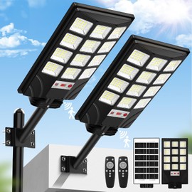 Solar Street Light Outdoor, 20000LM 6500K Waterproof Motion Sensor LED Solar Powered Flood Light with Remote Control, Dusk to Dawn Commercial Area Lighting for Outside Parking Lot, 2-Pack