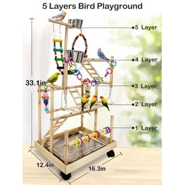 Niwaes 5 Layers Large Bird Playstand with Wheel, Natural Wood Parrot Playground, Parakeet Perch Stand Small Bird Playgym with Ladder Toy Accessories for Cockatiel Cockatoo Finch Budgie Lovebird