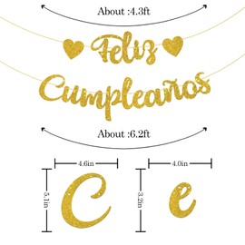 WeBenison Feliz Cumpleaños Banner/Fiesta Theme Happy Birthday Banner/Spanish Birthday Party Decorations - Gold Glitter