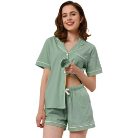 NAP BOUND Cotton Womens Pajamas Sets Button Down Short Sleeve and Shorts with Pockets Pjs 2 Piece Sage Green Notch Collar Lounge Sets XS-XXL Soft Sleepwear (ShortSageGreen,M)