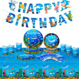 Ocean Sea Party Tableware, Serves 24 Ocean Tableware Set Includes Party Plates Cups and Napkins Tablecloth Banner etc Under The Sea Decorations