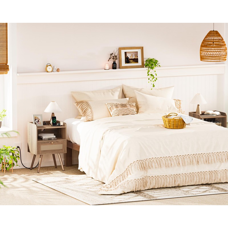 SUPERJARE Nightstand with Charging Station & Rattan-Like Decor Drawer, Rattan