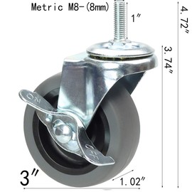 YEEMIGO 3 Inch Stem Caster Wheels with Locking Brake，Soft Rubber Non Marking No Noise Casters, M8-1.25 Industrial Threaded Stem Heavy Duty Castor for Carpet Hardwood Floors, Set of 4