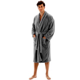 Men's Robe Microfiber Plush Fleece Shawl Bathrobe - Gray - Small