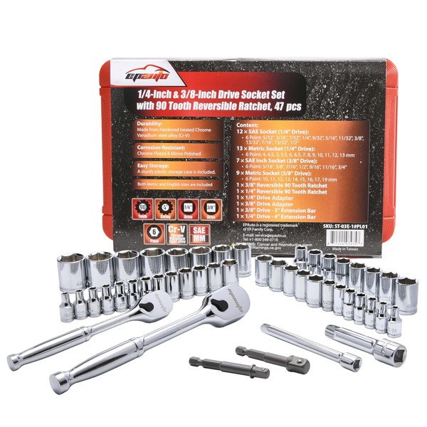 EPAuto 47 Pieces 1/4-Inch and 3/8-Inch Drive Socket Set with
