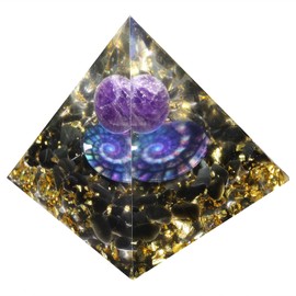 KYEYGWO Positive Energy Pyramid Stone with Reiki Healing Amethyst Crystal Ball and Ammonite Fossil Symbol, Chakra Crystal Pyramid Obsidian Healing Stone Pyramid Desktop Ornament Home Decoration