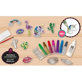 Lena 42662 Craft Set Metal Sparkling Pin, Complete Set for Glittering Metal Lapel Pins, with 9 Metal Pin Shapes, Safety Pins, 7 Glitter Colours and Craft Glue, for Children from 8 Years