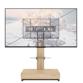 Mobile TV Stand with Drawer, Adjustable TV Cart for 32-75 inch TVs, Floor Stand with Lockable Wheels for Living Room, Bedroom, Office (Natural, 49.21" H x 31.5" L x 15.75" W)