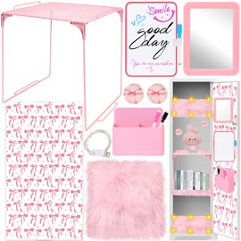 14 PCS Pink Locker Accessories Kit Back to School Locker Decorations Supplies for Girls with Locker Shelf Magnetic Wallpaper Whiteboard Mirror Organizer Markers Rug String Lights and Cute Bow Magnet